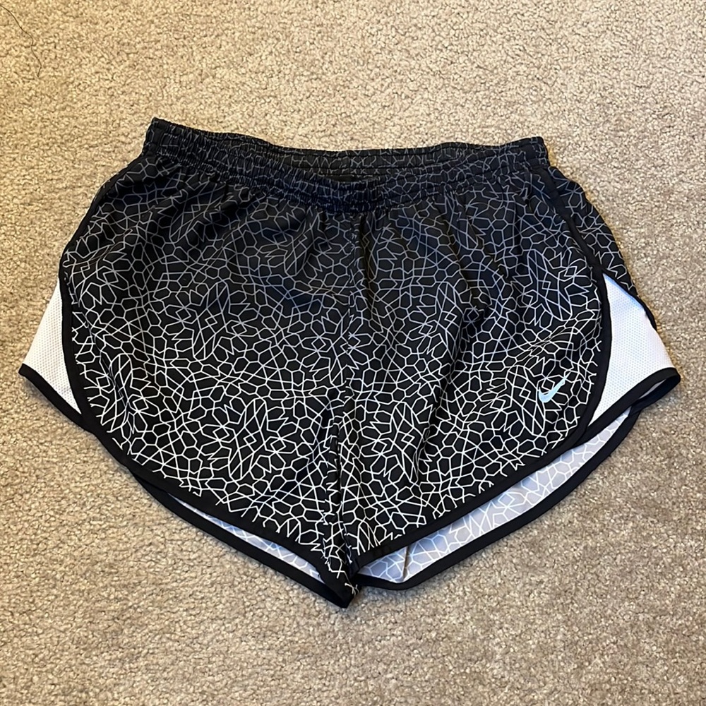 Black and white patterned Nike athletic shorts